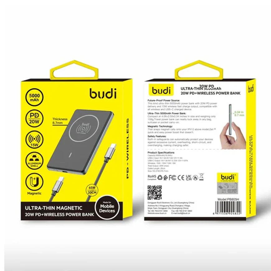 پاوربانک 5000 با توان 20 وات بودی BUDI PowerBank PB805H