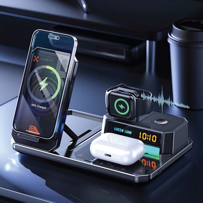 استند و شارژر وایرلس و اسپیکر گرین لاین Green Lion 6 in 1 Multifunctional Wireless Charger GN6IN1MFWCBK
