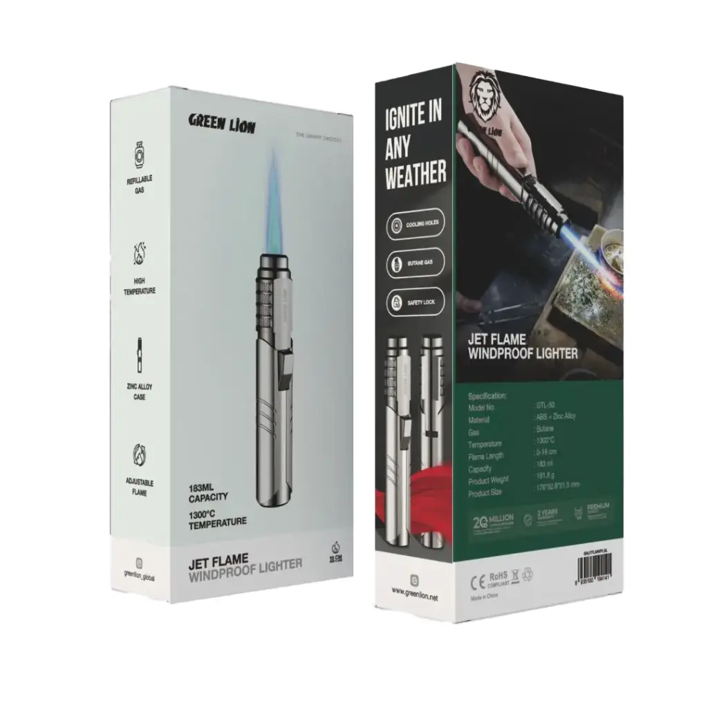 Green Lion Jet Flame Windproof Lighter - Silver فندک اتمی ضد باد گرین لاین Green Lion Jet Flame GNJTFLMWPLSL