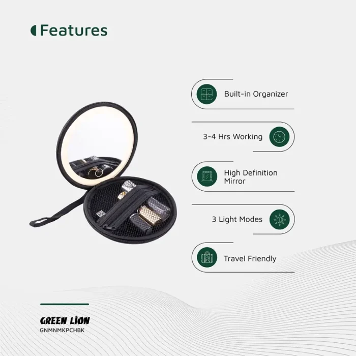 آینه آرایشی همراه گرین لاین مدل Green Lion Mini Makeup Pouch GNMNMKPCHBK