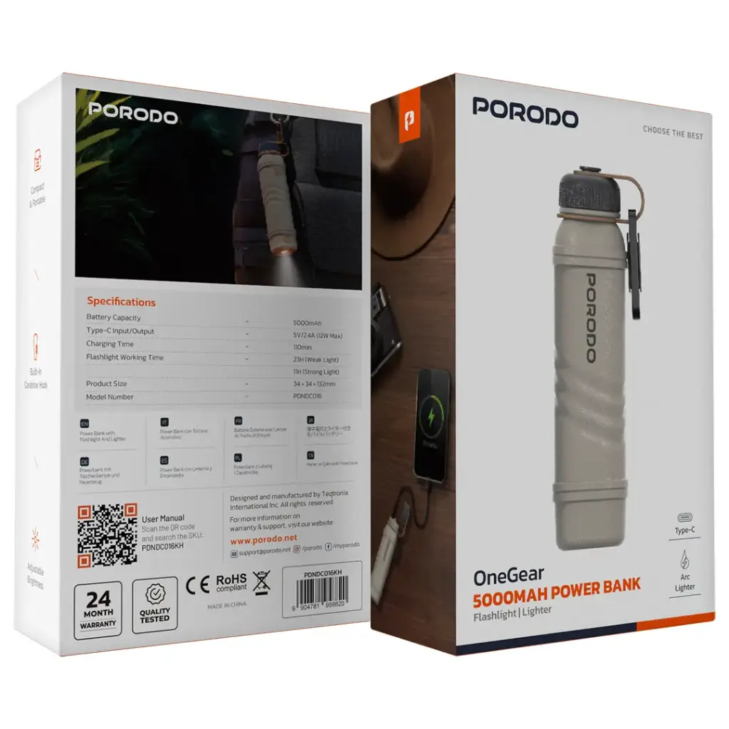 Porodo One Gear 5000mAh Power Bank - Khaki (2) پاوربانک 5000 میلیآمپر پورودو | فندک برقی + چراغ قوه | Porodo OneGear PDNDC016KH