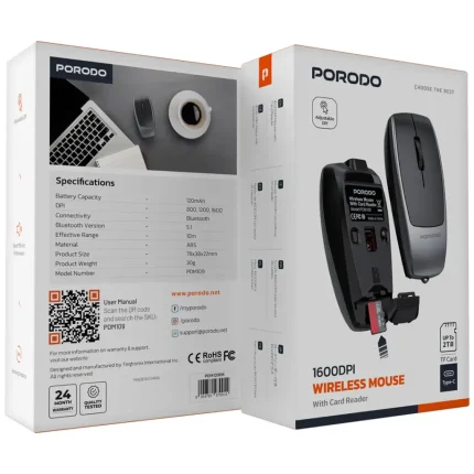 موس بی سیم شارژی و رم ریدر پرودو Porodo Wireless Mouse with Card Reader PDM109