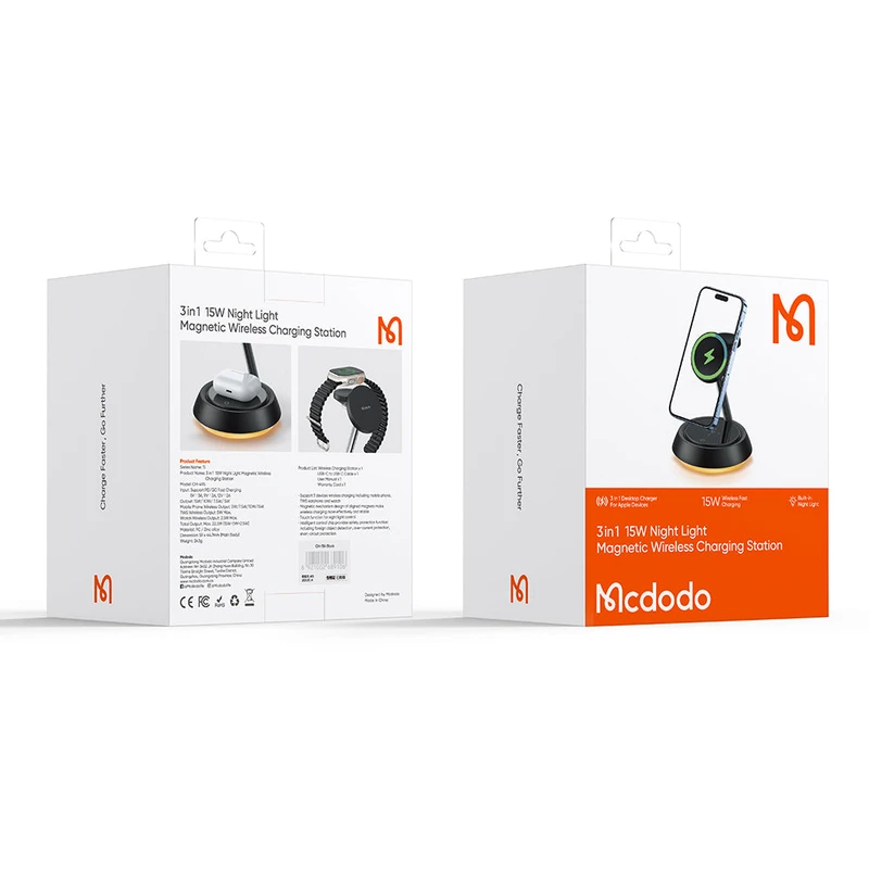 005-6 شارژر وایرلس 3 کاره مک دودو Mcdodo 15W Night Light Magnetic Wireless Charging Station CH-495