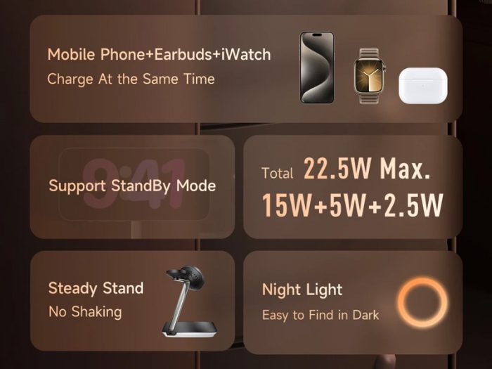 شارژر وایرلس 3 کاره مک دودو Mcdodo 15W Night Light Magnetic Wireless Charging Station CH-495
