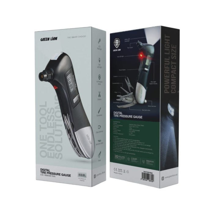 گیج فشار دیجیتالی لاستیک 9 کاره گرین لاین Green Lion Digital Tire Pressure Gauge 9 In 1 Rescue Tool GNDITIREPRBK