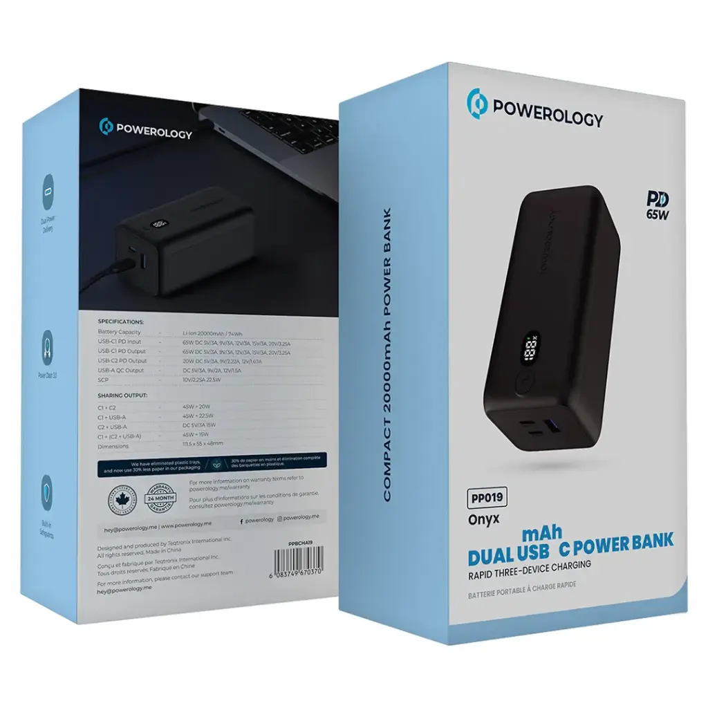 Powerology 20000mAh 65W Onyx Power Bank - Black Powerology Onyx Power Bank PPBCHA19