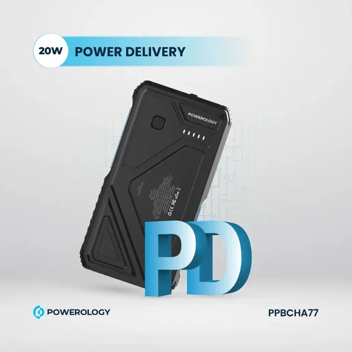 پاوربانک خورشیدی 27000 با کابل متصل و توان 20 وات پاورولوژی Powerology 27000mAh Solar Wireless Charging Power Bank PPBCHA77