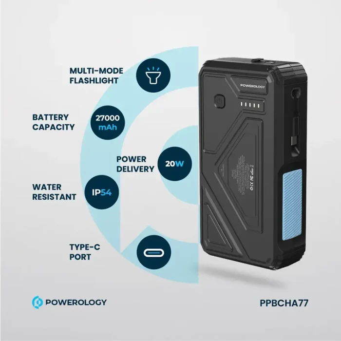 پاوربانک خورشیدی 27000 با کابل متصل و توان 20 وات پاورولوژی Powerology 27000mAh Solar Wireless Charging Power Bank PPBCHA77