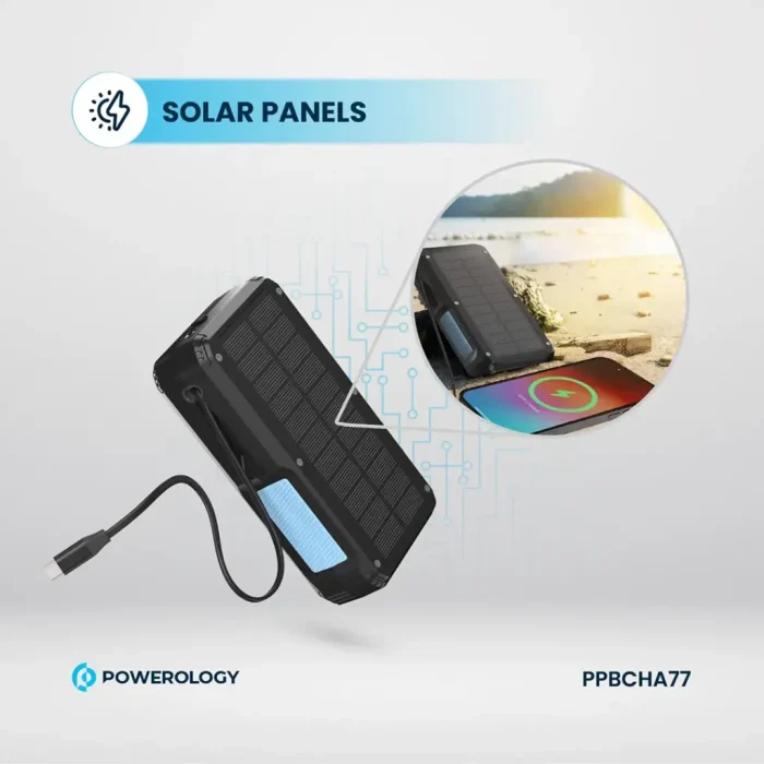 پاوربانک خورشیدی 27000 با کابل متصل و توان 20 وات پاورولوژی Powerology 27000mAh Solar Wireless Charging Power Bank PPBCHA77