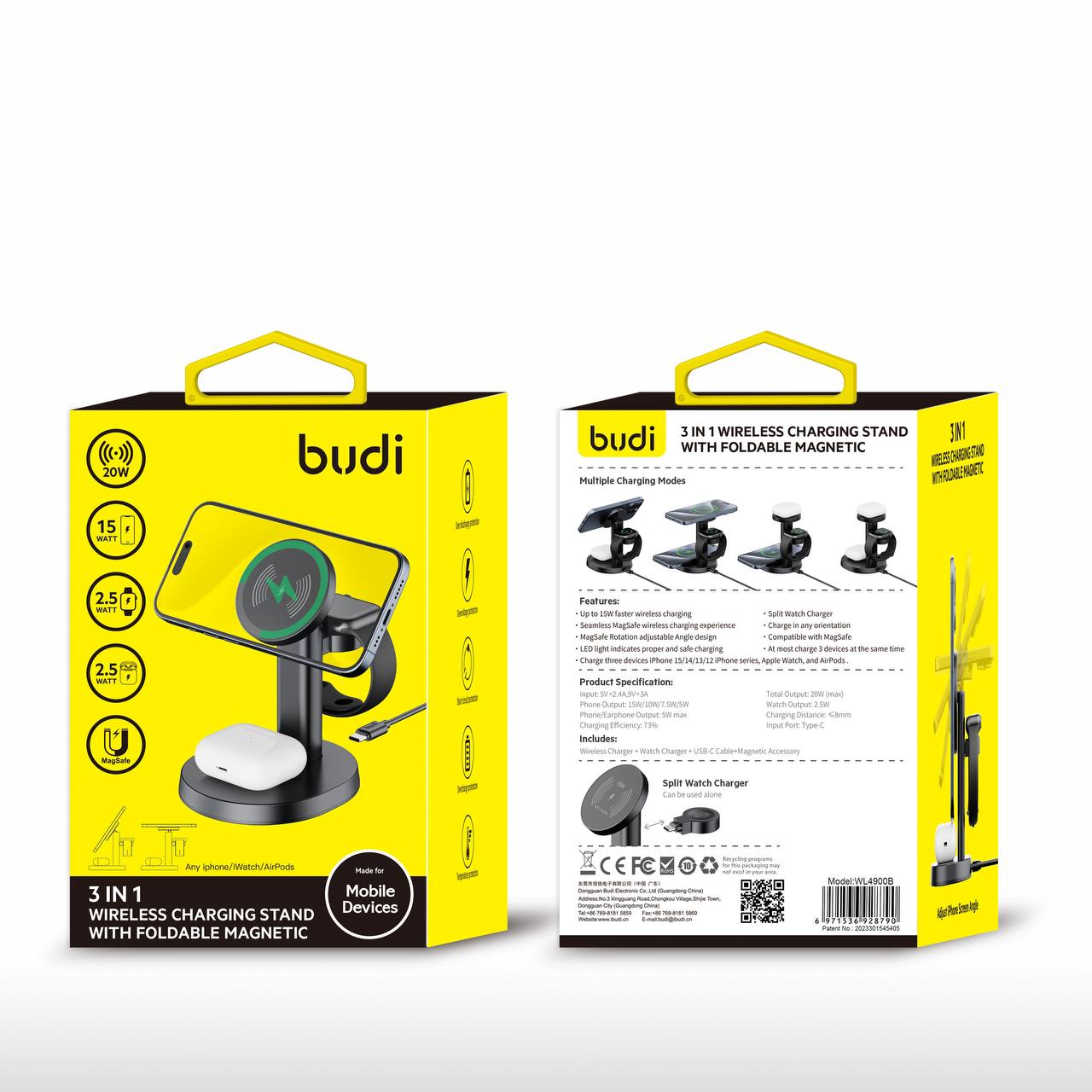 photo_۲۰۲۴-۰۷-۱۱_۱۲-۳۶-۳۴ استند شارژر بی سیم بودی BUDI 20W 3 in 1 Wireless Charging Stand With Foldable Magetic WL4900B