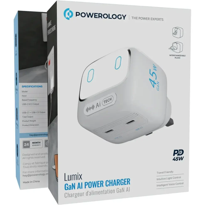 آداپتور شارژ 45 وات هوشمند پاورولوژی Powerology Lumix GaN AI Power Charger PWCUQC052WH