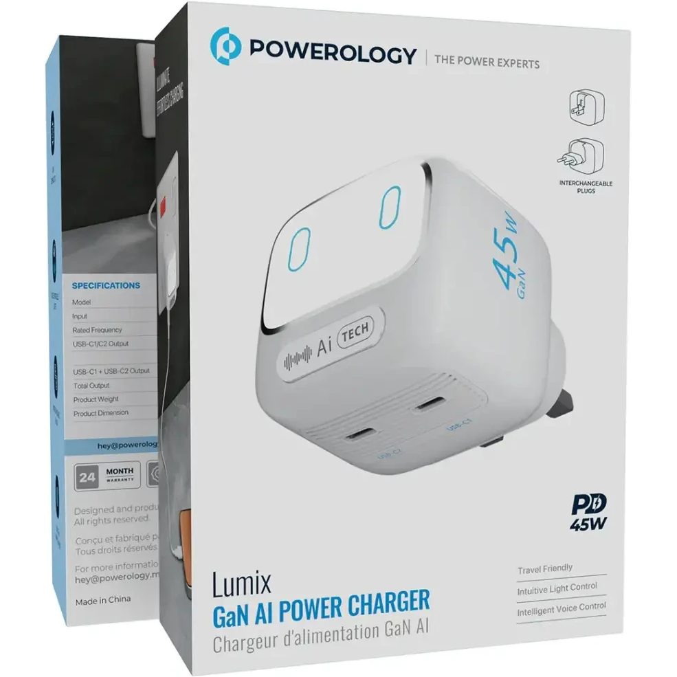 uLl1Xp-TkEcuE_Is آداپتور شارژ 45 وات هوشمند پاورولوژی Powerology Lumix GaN AI Power Charger PWCUQC052WH