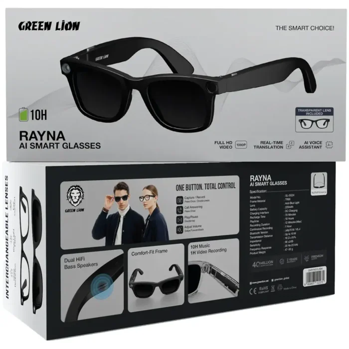 عينک هوشمند AI با دوربين گرین لاین Green Lion Rayna AI Smart Glasses GNRYNSGLS