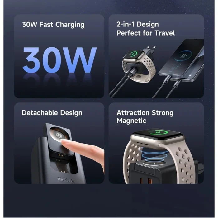آداپتور دو پورت 30 وات همراه با شارژ اپل واچ مک دودو Mcdodo 2in1 Charger CH-3700