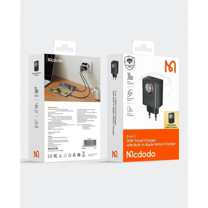 آداپتور دو پورت 30 وات همراه با شارژ اپل واچ مک دودو Mcdodo 2in1 Charger CH-3700