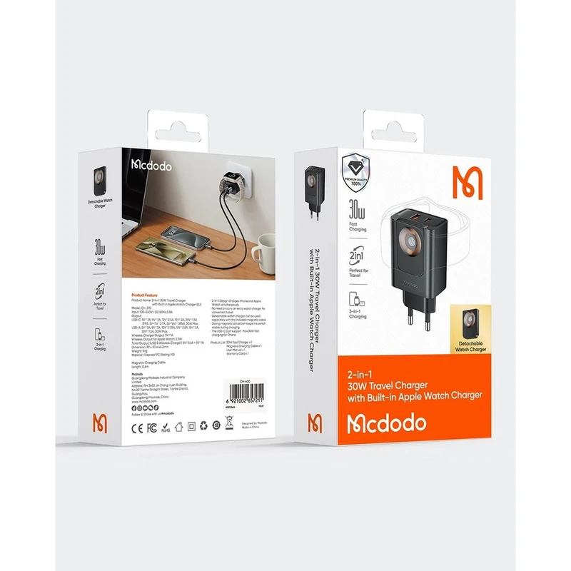 آداپتور دو پورت 30 وات همراه با شارژ اپل واچ مک دودو Mcdodo 2in1 Charger CH-3700