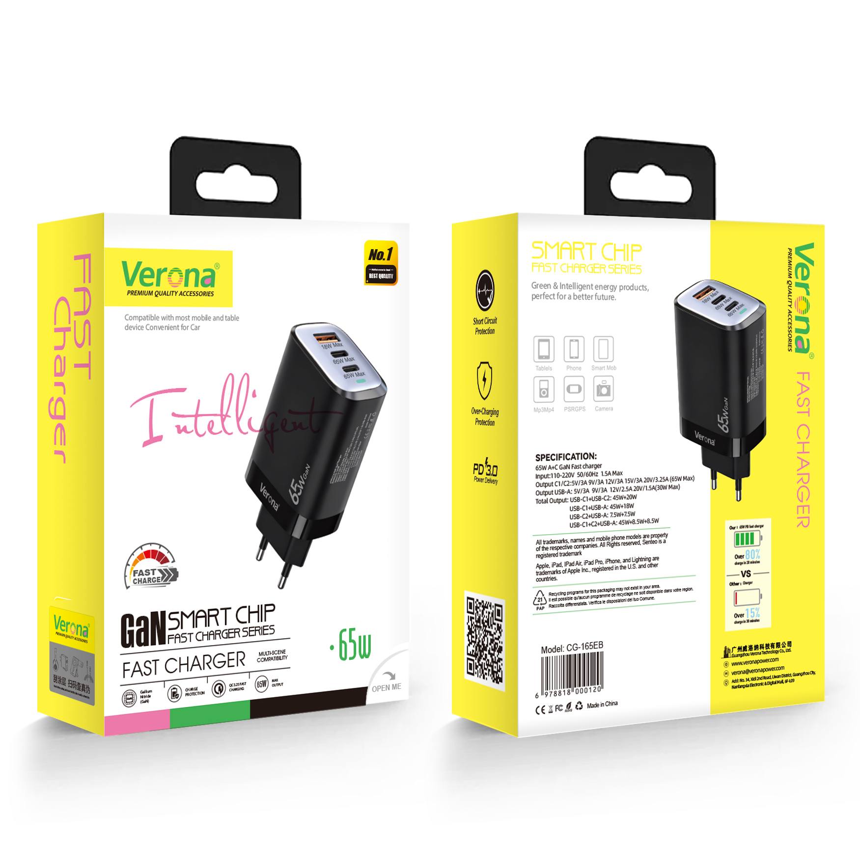شارژر دیواری سریع 65W ورونا VERONA 65W Smart Fast Charger CG - 165EB